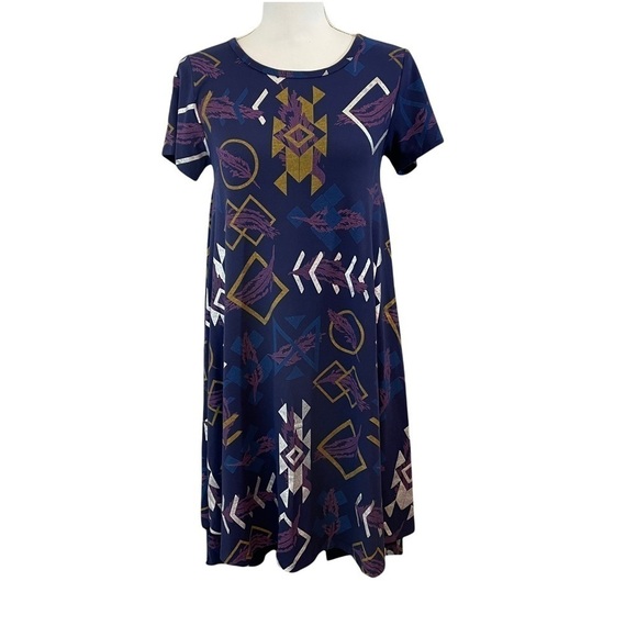 LulaRoe Navy, Purple, Gold Aztec Print Carley High Low Swing Dress-Size XXS - Picture 1 of 8